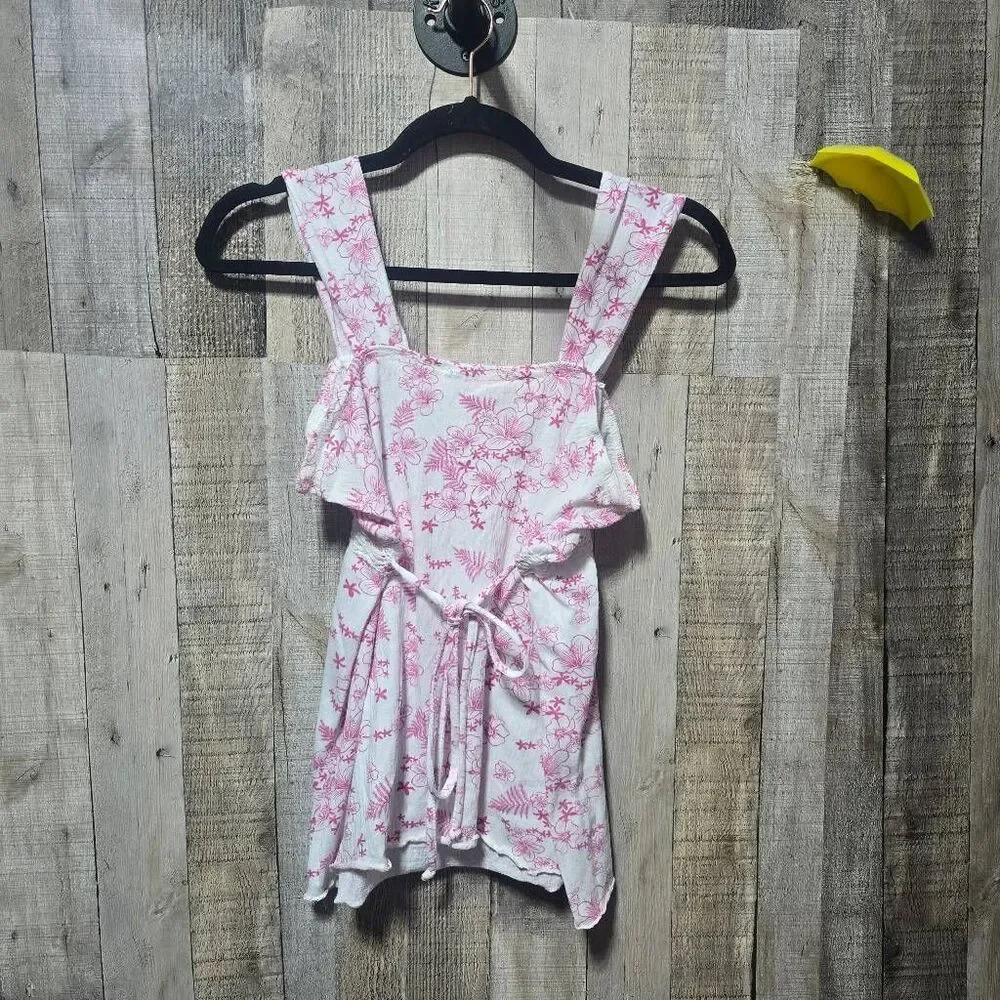 Red Paint Vintage Y2K Pink White Floral Peasant Tank Top Large Hawaii Coastal - Picture 3 of 4